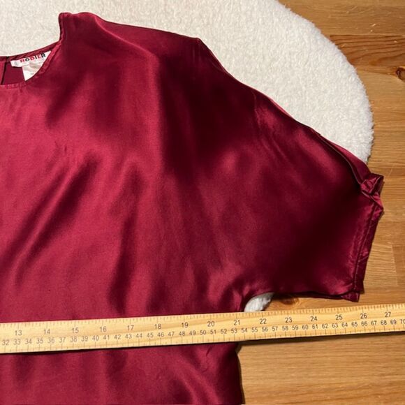 VTG 80s Rodier Womens Red Silk Blouse Short Sleeve Button Closure Padded Sz LG - Picture 9 of 11